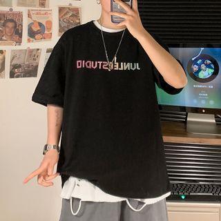 Elbow Sleeve Gradient Lettering Print Oversized Tee