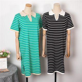 Elbow-sleeve Collar Striped Midi A-line Dress