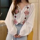 Ethnic Embroidered Dolman Long-sleeve Blouse White - One Size