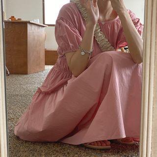 Puff-sleeve Ruffle Trim Loose Fit Dress