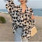 Long-sleeve Flower Print Loose-fit Shirt White - One Size
