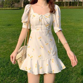 Cherry Print Elbow-sleeve Mini A-line Dress