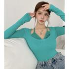 Long-sleeve Mock Two-piece Slim-fit Top Aqua Green - One Size
