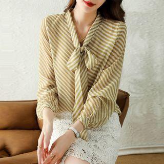 Long-sleeve Tie-neck Striped Chiffon Blouse