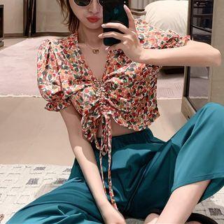 V-neck Drawstring Blouse / Wide-leg Pants
