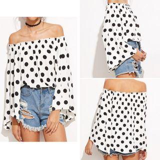 Dotted Ruffle Off-shoulder Top
