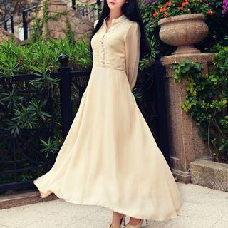 Stand Collar A-line Maxi Dress