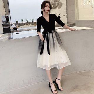 Short-sleeve Gradient A-line Midi Evening Dress