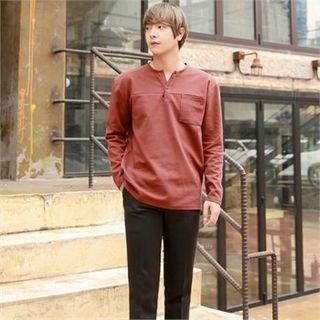 Slit-neckline Pocket-front Henley