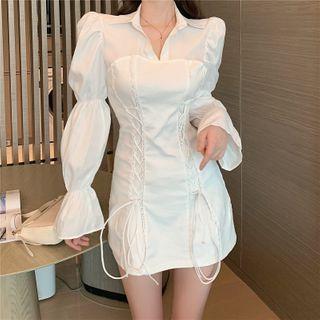 Plain Bell-sleeve Drawstring Mini Dress