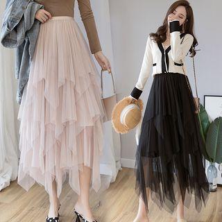 Sheer Tiered A-line Midi Skirt