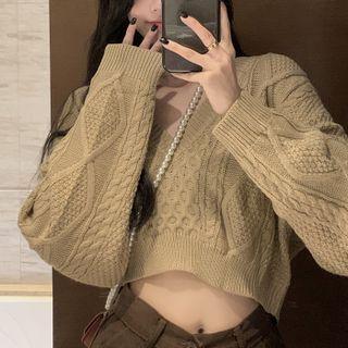 Oversize V-neck Linen Flower Sweater