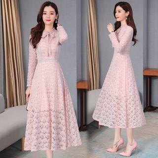 Long-sleeve Tie-neck Lace Midi A-line Dress
