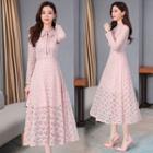 Long-sleeve Tie-neck Lace Midi A-line Dress