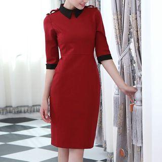 Contrast Trim Elbow Sleeve Collared Midi Dress