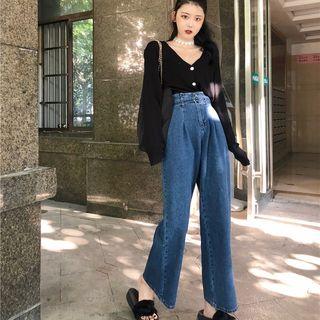 Plain V-neck Cardigan / High-waist Wide-leg Jeans