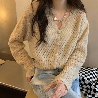 Long-sleeve Pointelle Button-up Knit Cardigan