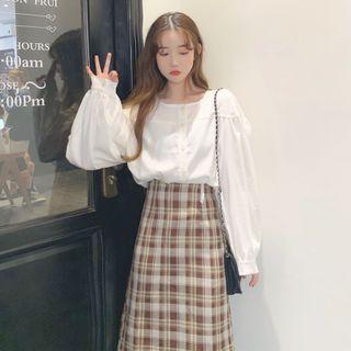 Puff-sleeve Blouse / Plaid Pencil Skirt