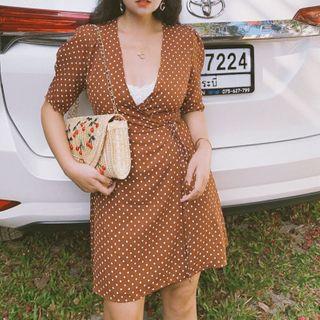 Puff Sleeve V-neck Dotted Wrapped Dress