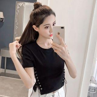 Plain Crewneck Lace-up Short-sleeve Top