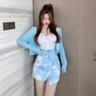 Knit Light Cape / Striped Sleeveless Top / Denim Skirt