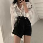 Long-sleeve Plain Shirt / High-waist Asymmetric Denim Shorts