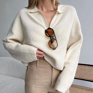 Long Sleeve V-neck Knit Loose-fit Sweatshirt