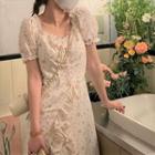 Short-sleeve Floral Frill Trim Midi Dress