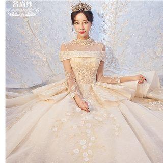 Cold-shoulder Long-sleeve Floral Applique A-line Wedding Gown