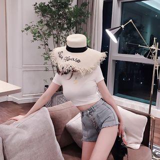 Short-sleeve Crescent Embroidered Crop T-shirt