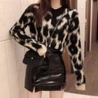 Leopard Print Sweater / Faux Leather Mini A-line Skirt