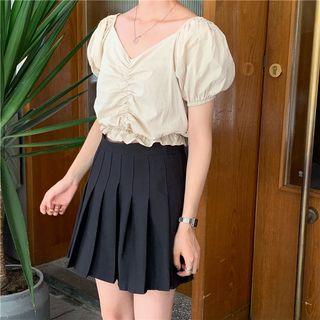 Short-sleeve Frill Trim Crinkled Top As Shown In Figure - One Size