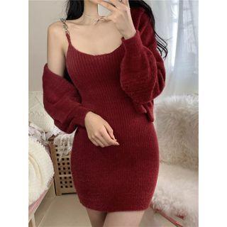 Plain Knit Strappy Mini Dress / Knit Cardigan