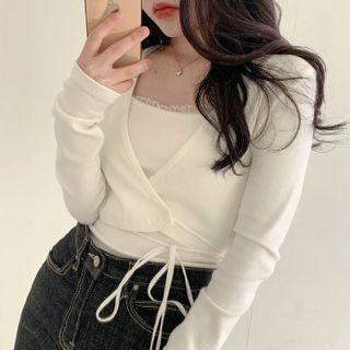Set: Sashed Cardigan + Spaghetti Strap Top White - One Size