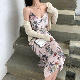 Cropped Cardigan / Spaghetti Strap Midi Floral Dress