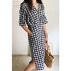 Plaid V-neck Elbow-sleeve Midi Sheath Dress