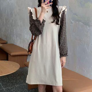 Long-sleeve Floral Print Panel Ruffled A-line Dress