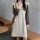 Long-sleeve Floral Print Panel Ruffled A-line Dress