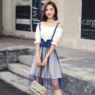 Set: Off-shoulder Dress + Mesh Jumper Skirt