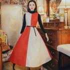 Set: Plain Long-sleeve Knit Top + Color Block Sleeveless Midi A-line Dress