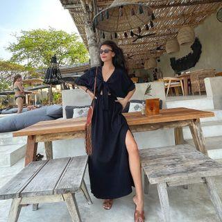 V-neck Plain Bow Split A-line Dress