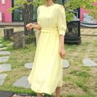 Elbow-sleeve Drawstring-waist Dress