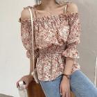 Puff-sleeve Off-shoulder Floral Print Shirred Peplum Top