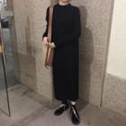 Mock-neck Long-sleeve Midi Knit Dress Black - One Size