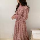 Long-sleeve Floral Print Midi A-line Dress / Turtle-neck T-shirt