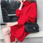 Long-sleeve Turtleneck Chunky Knit Mini Dress Red - One Size