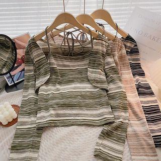 Set: Long-sleeve Striped Cardigan + Lace-up Camisole Top