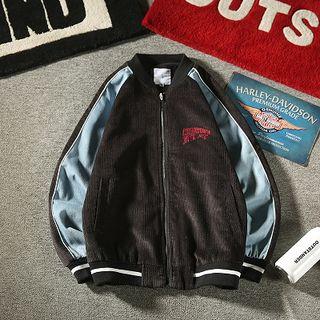 Letter Embroidered Color Panel Corduroy Jacket