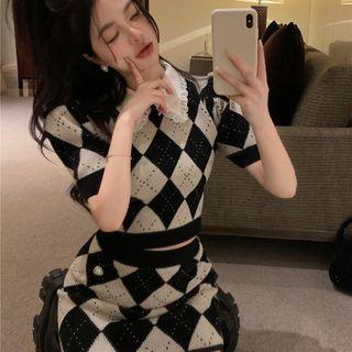 Set: Short-sleeve Argyle Knit Top + Mini Pencil Skirt Set - Black & White - One Size