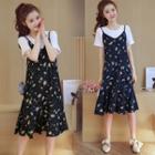 Set: Short-sleeve T-shirt + Spaghetti Strap Floral A-line Chiffon Dress